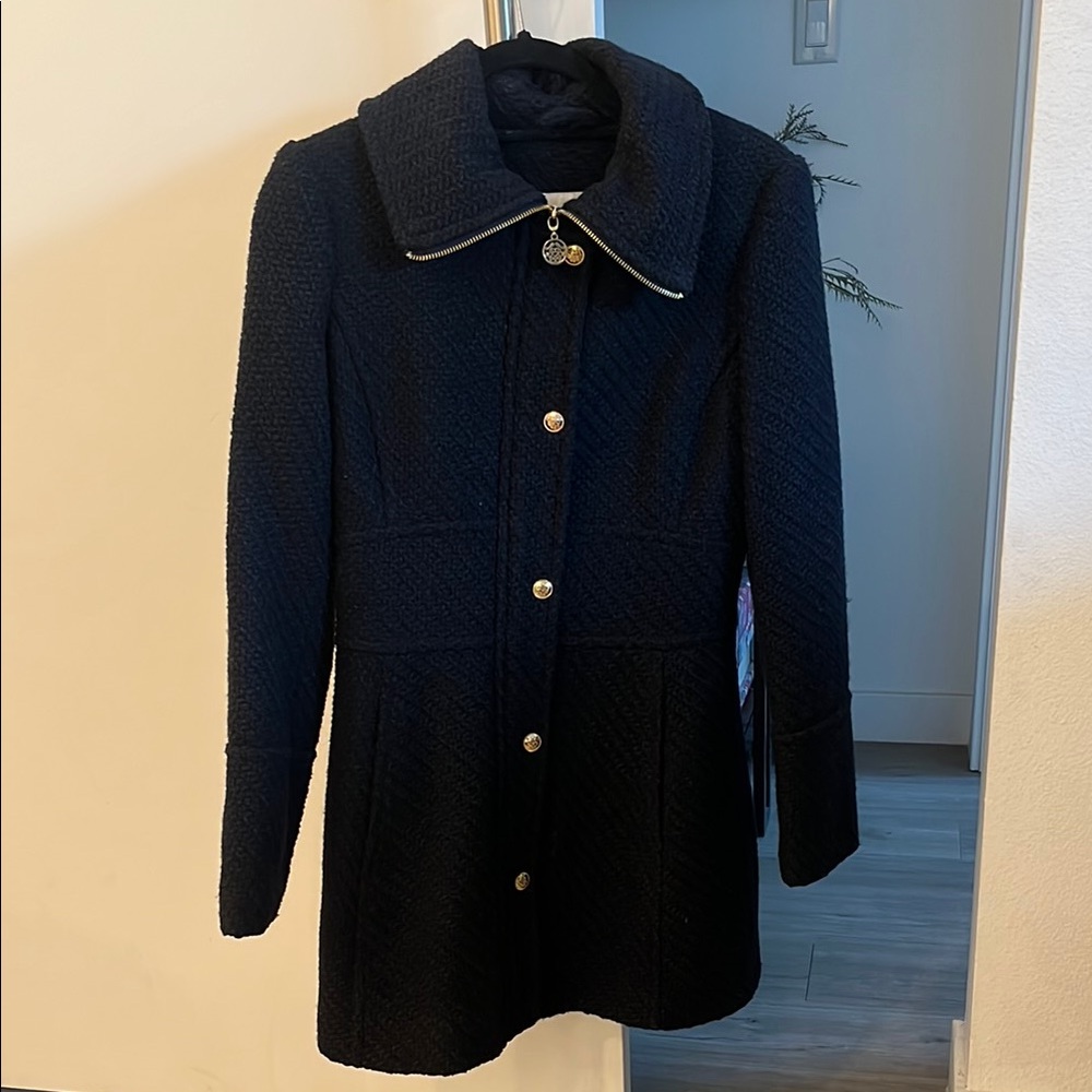 Elegant Long Full-zip Women's Wool Blend Coat in Navy
